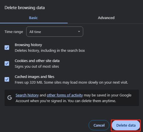 click on Delete data