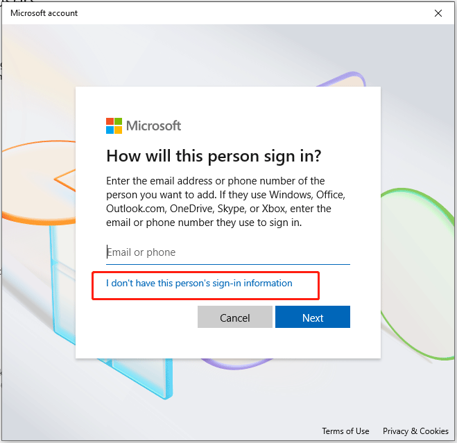click I don’t have this person’s sign-in information