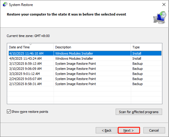 select a restore point and click Next