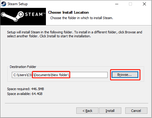choose the newly created folder as the installation destination