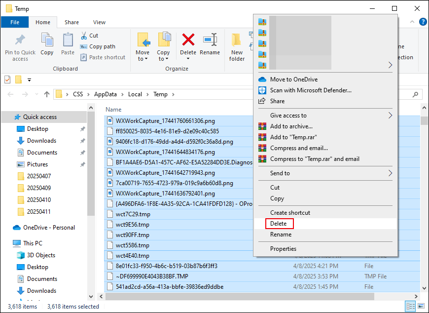 remove all the temp files on Windows