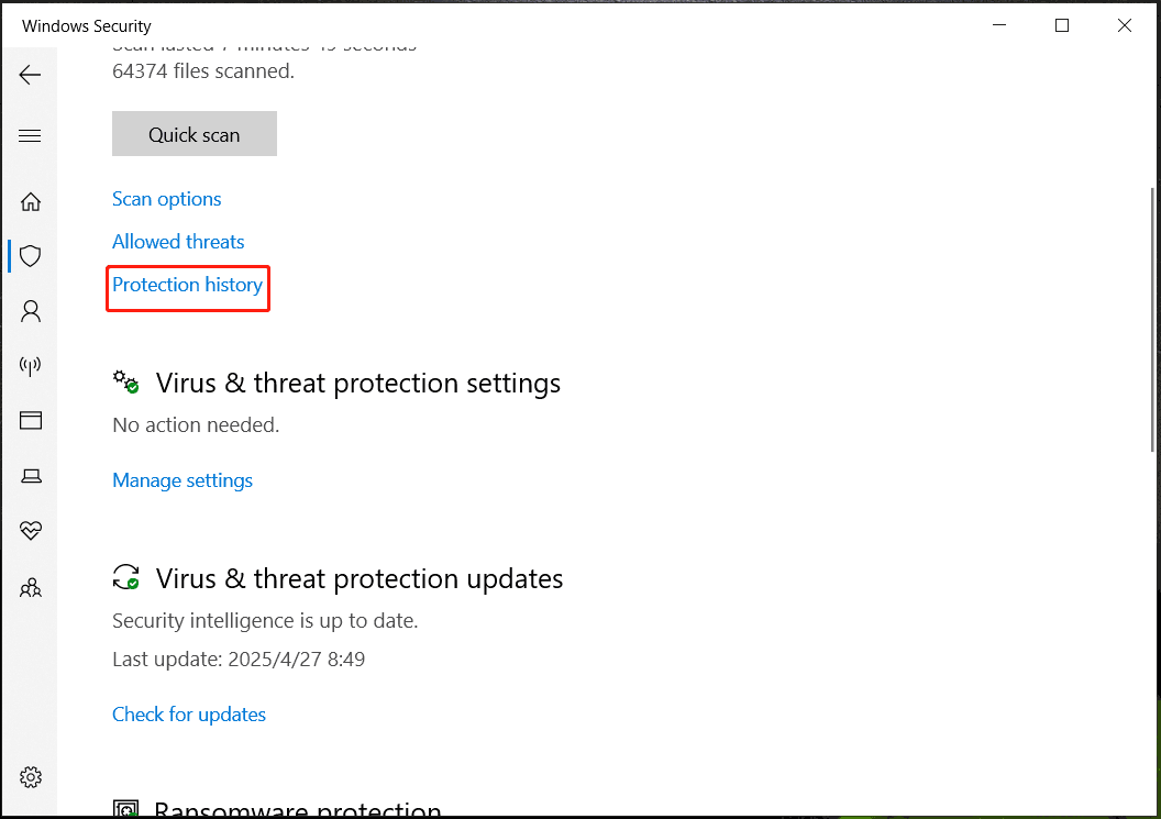 Windows Security protection history