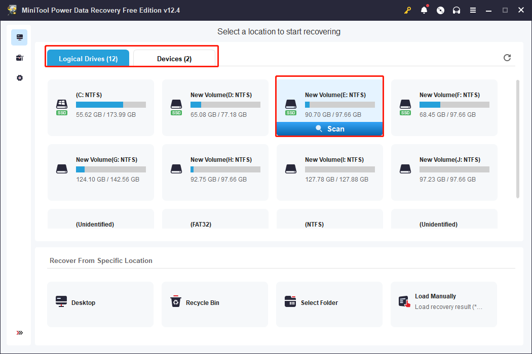 choose and scan the partition using MiniTool Power Data Recovery