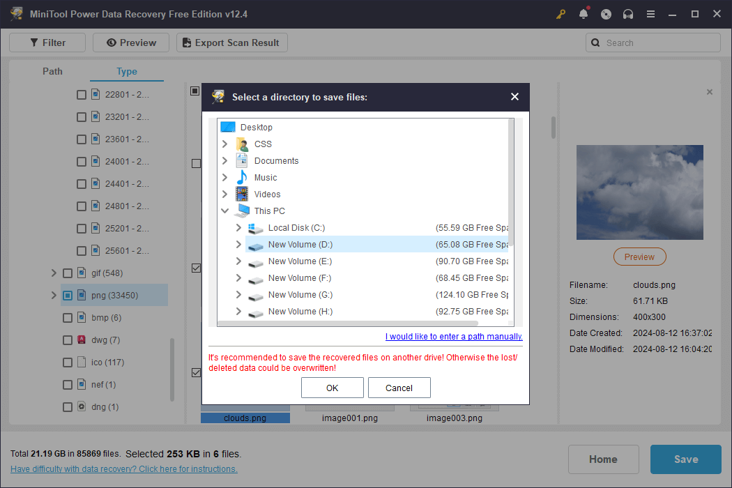 save files to a new destination on MiniTool Power Data Recovery