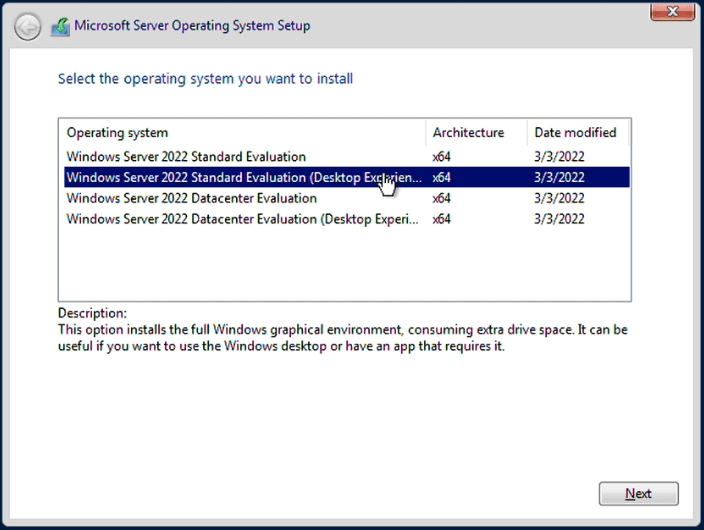 choose Windows Server 2022 Standard Evaluation (Desktop Experience)
