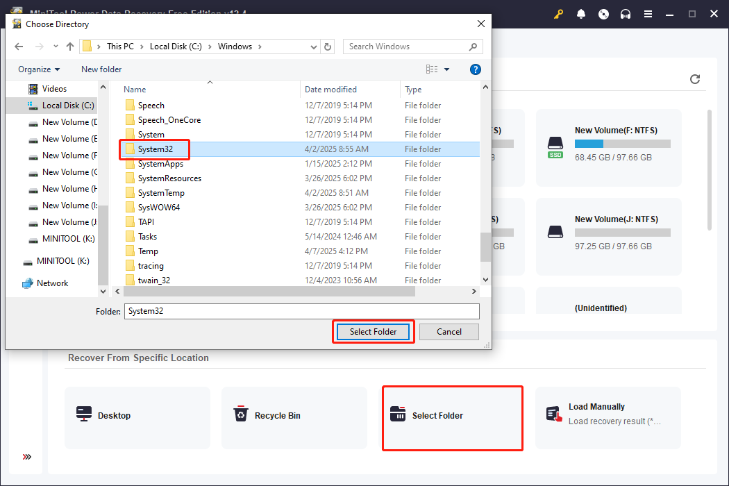 scan the System32 folder using MiniTool Power Data Recovery