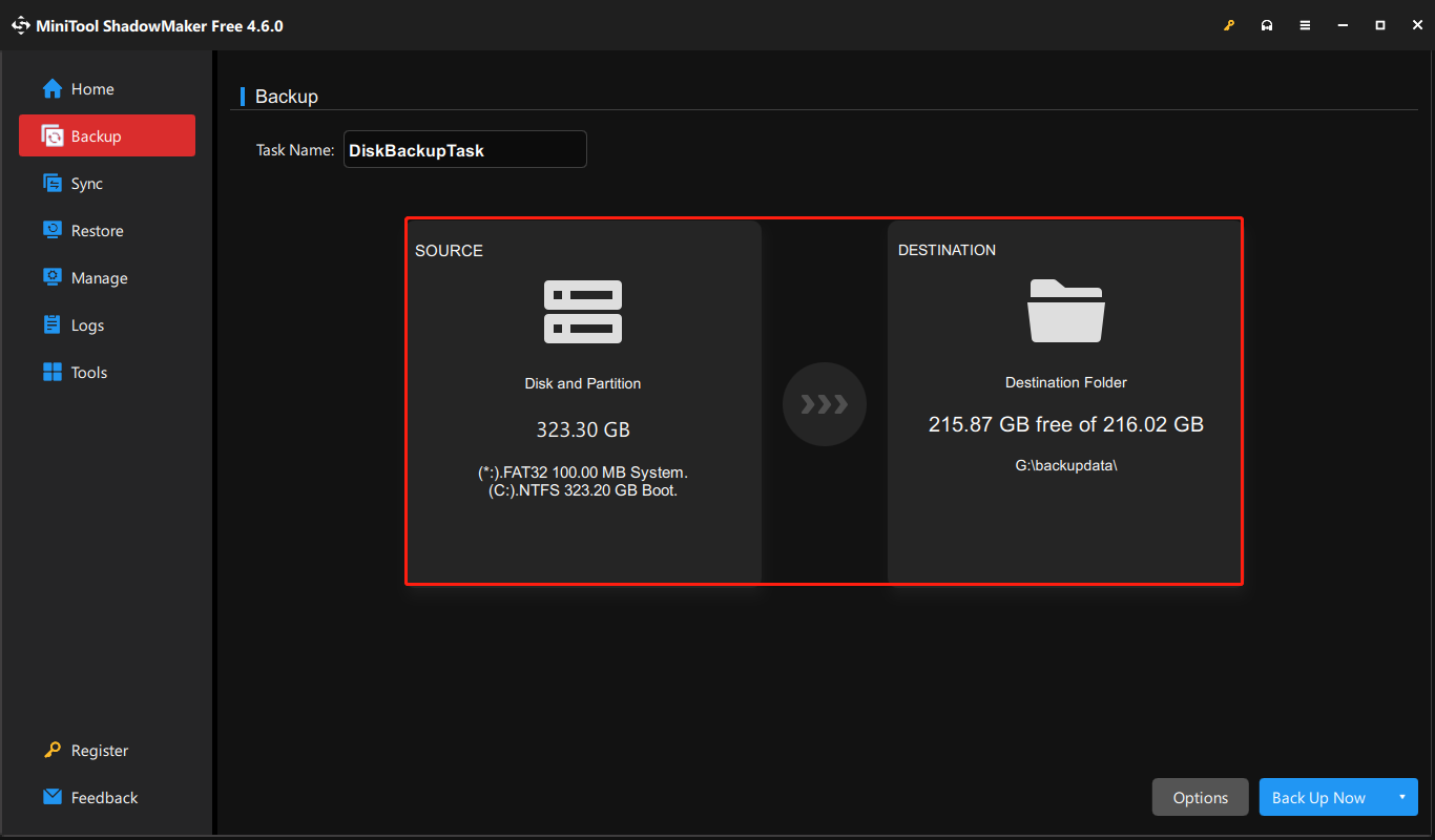 choose the SOURCE and DESTINATION in MiniTool ShadowMaker