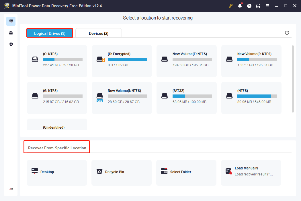 choose a location to scan via MiniTool Power Data Recovery