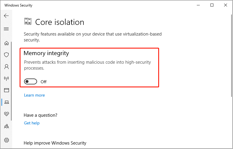 disable the memory integrity