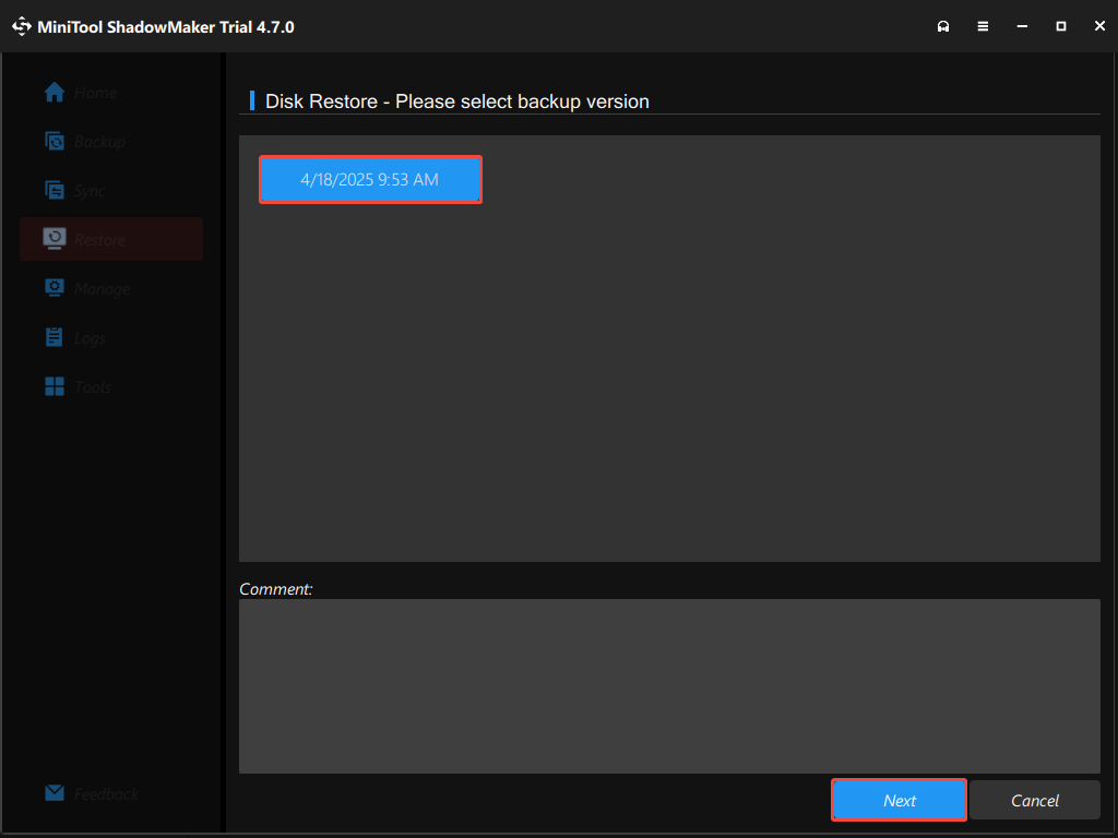 choose the backup version