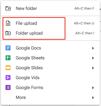 choose the File upload or Folder upload button