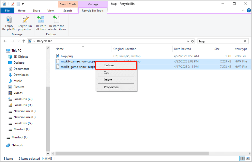 click Restore to recover deleted HWP files from the Recycle Bin