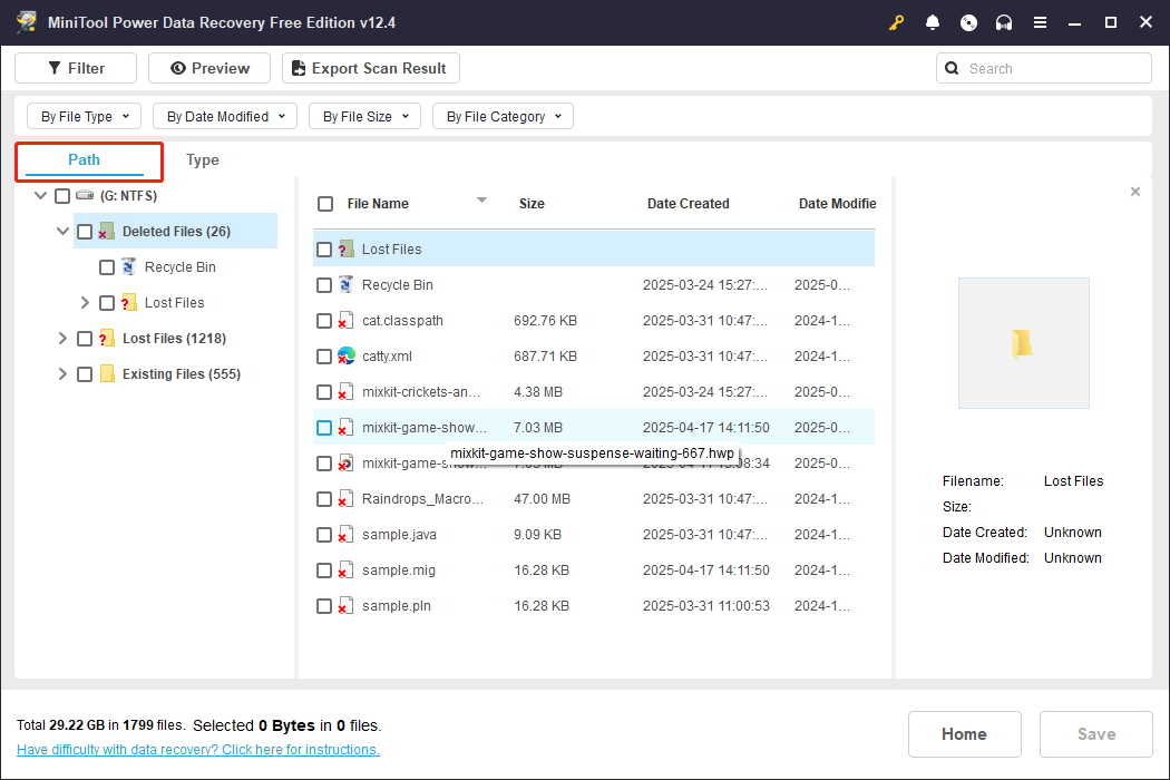 use Path and Seach to locate your HWP files in MiniTool Power Data Recovery