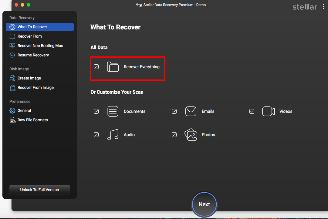 check the Recover Everything option