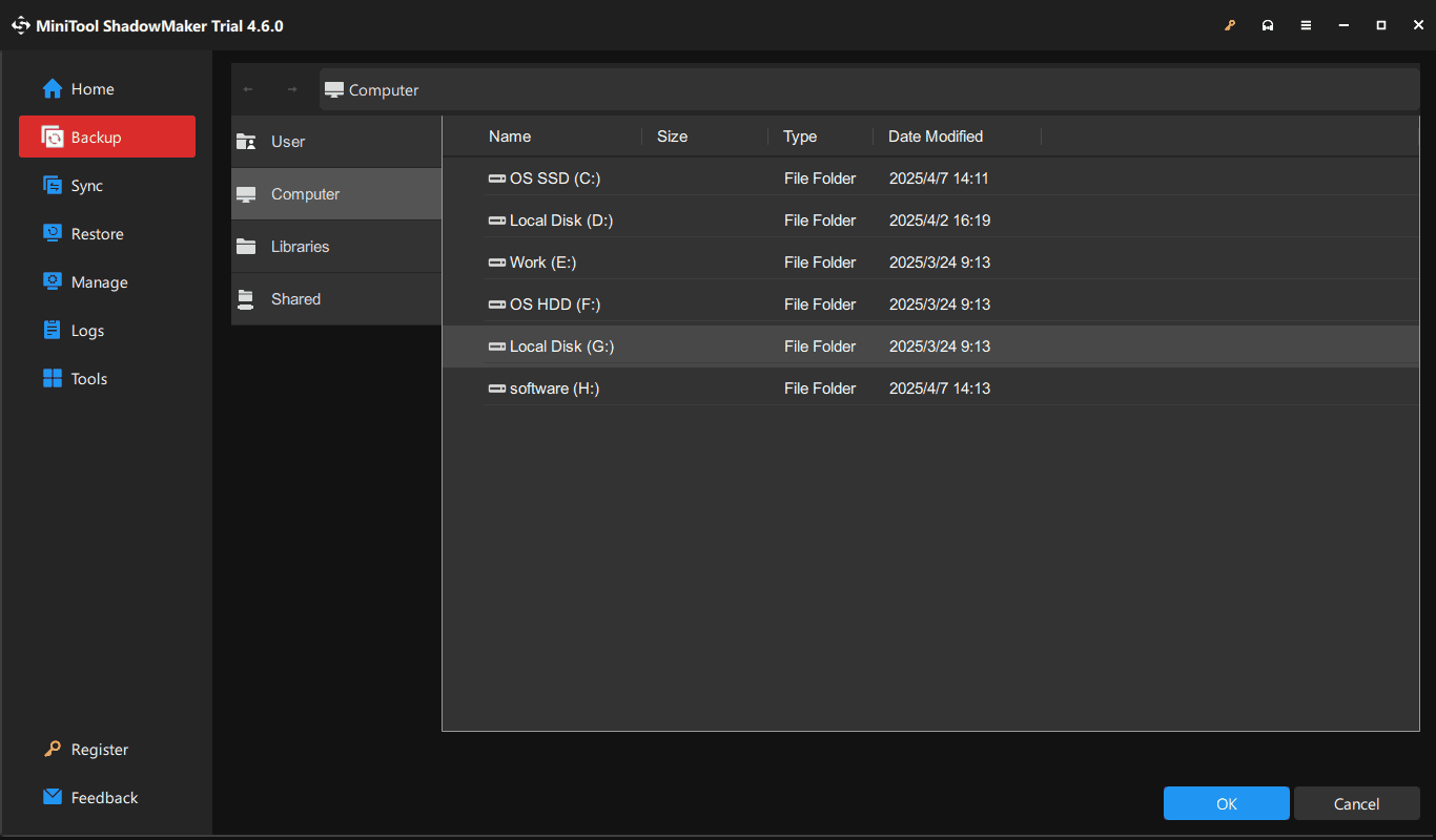 choose backup target in MiniTool ShadowMaker