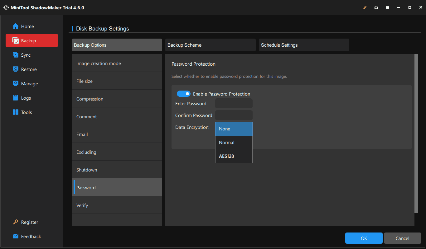MiniTool ShadowMaker backup encryption
