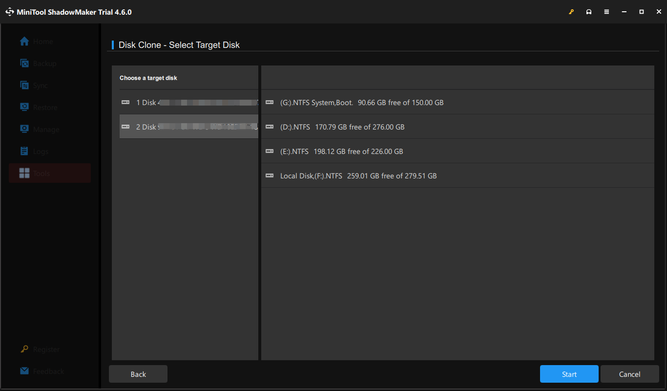 select the target disk in MiniTool ShadowMaker