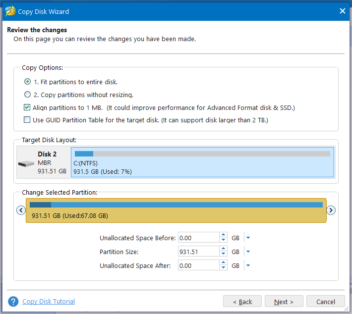 choose the copy options according to your need in MinTool Partition Wizard