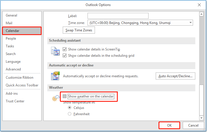 untick Show weather on the calendar in Outlook Options