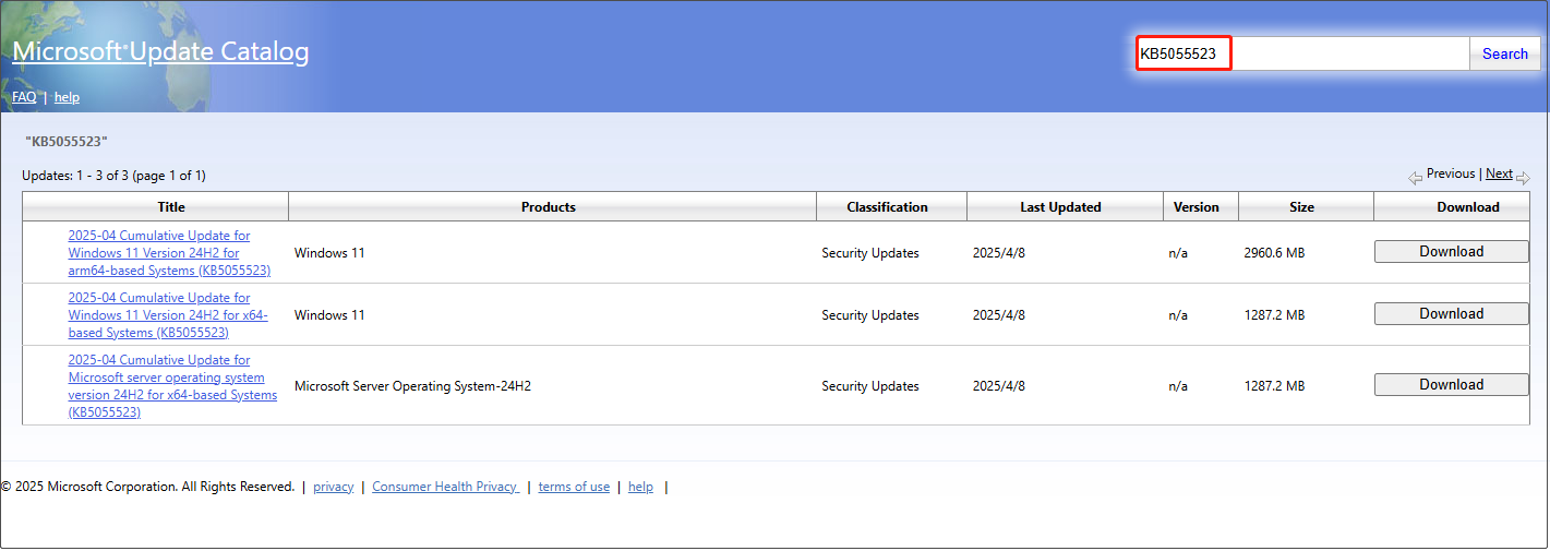 download KB5055523 from Microsoft Update Catalog