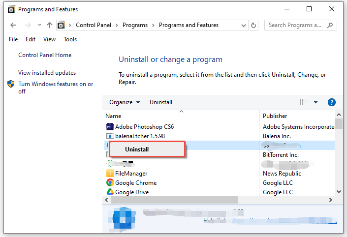 select suspicious program and select Uninstall