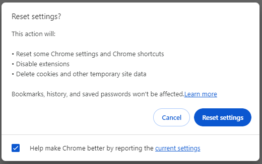 hit Reset settings to confirm the resetting