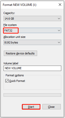 configure settings and click the Start button