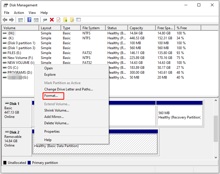 format the SD card in Disk Management