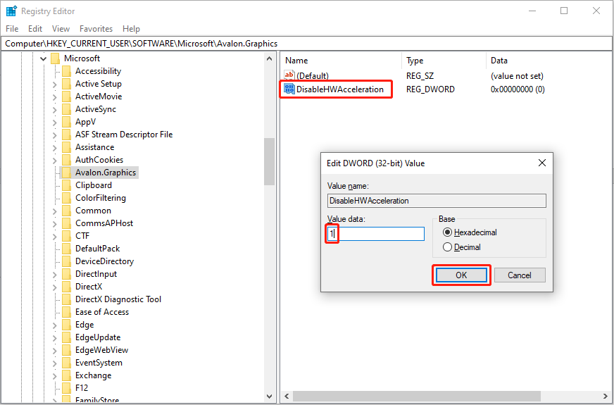 disable the Hardware Acceleration utility via Windows Registry Editor