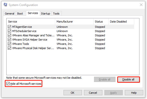 Marque la opción Ocultar todos los servicios de Microsoft
