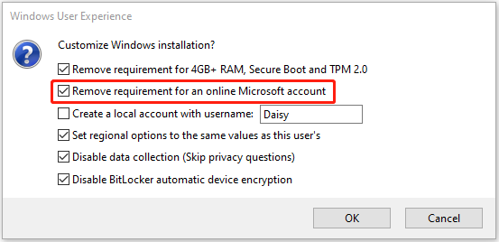 check the Remove requirements for an online Microsoft account option