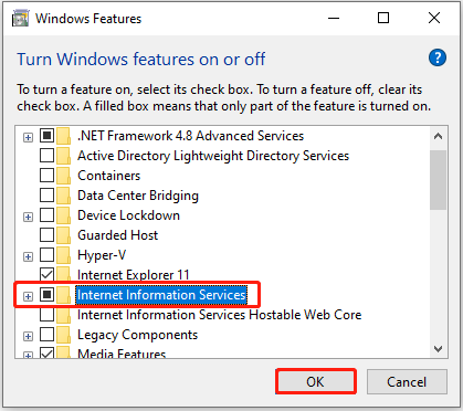 turn on the Internet Information Services feature