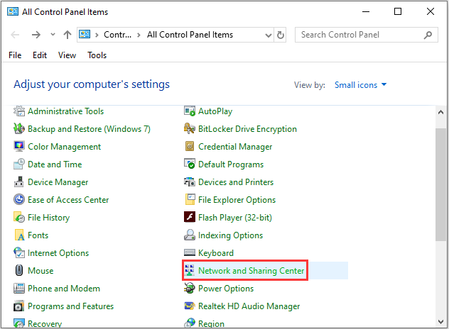 haga clic en red y centro de intercambio