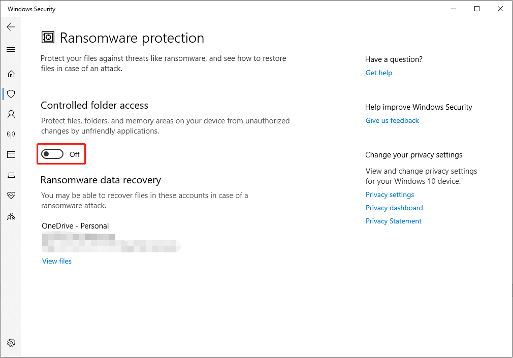 disable the Controlled folder access feature
