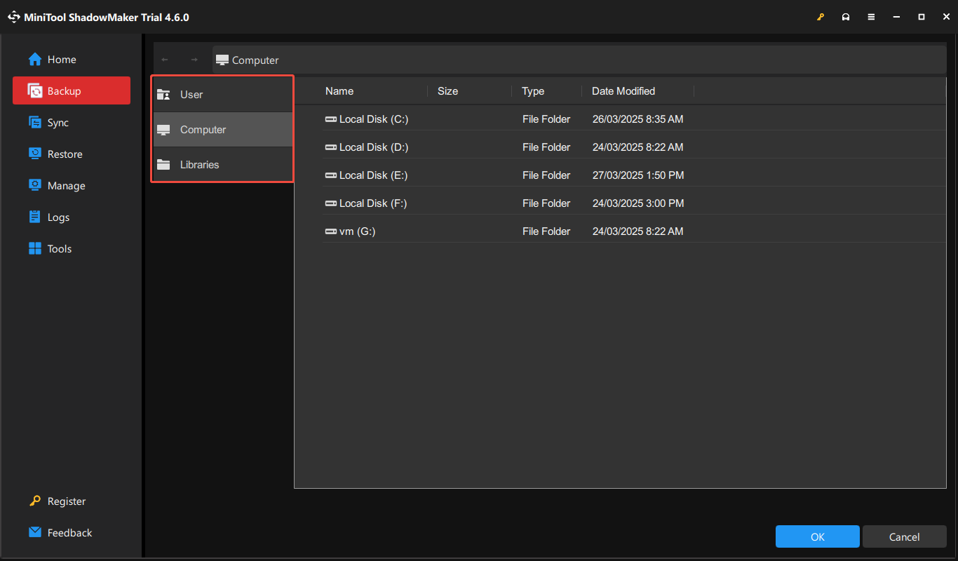 choose the backup source