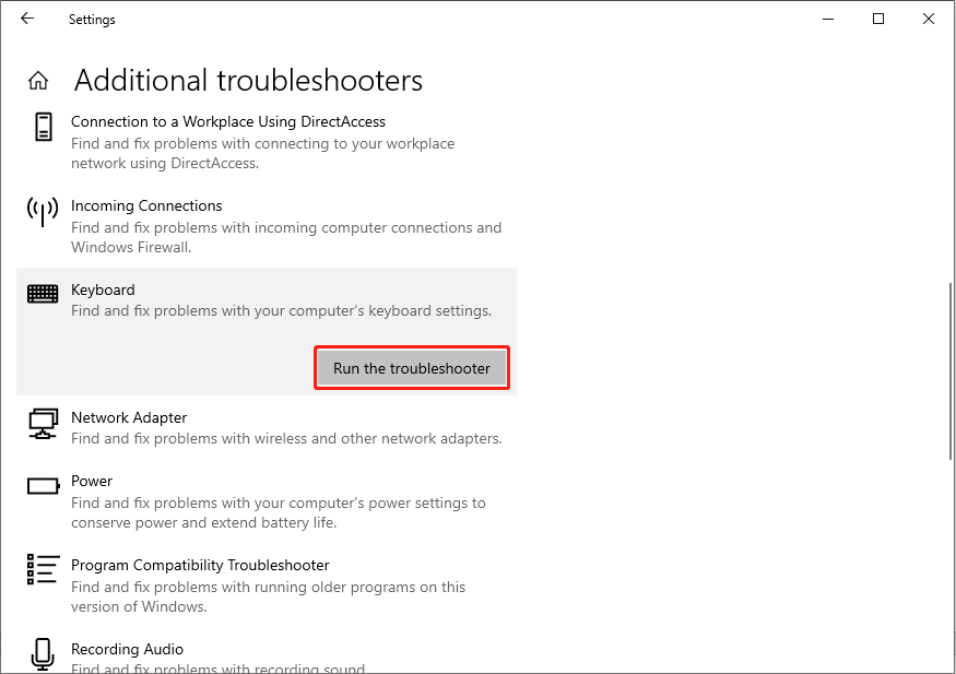 run the Keyboard troubleshooter