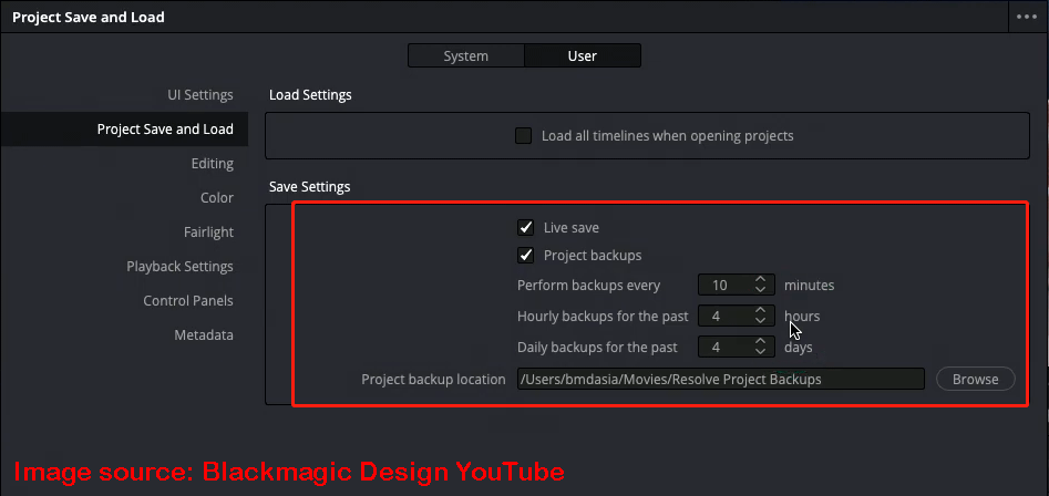 configure the autosave settings in Davinci Resolve