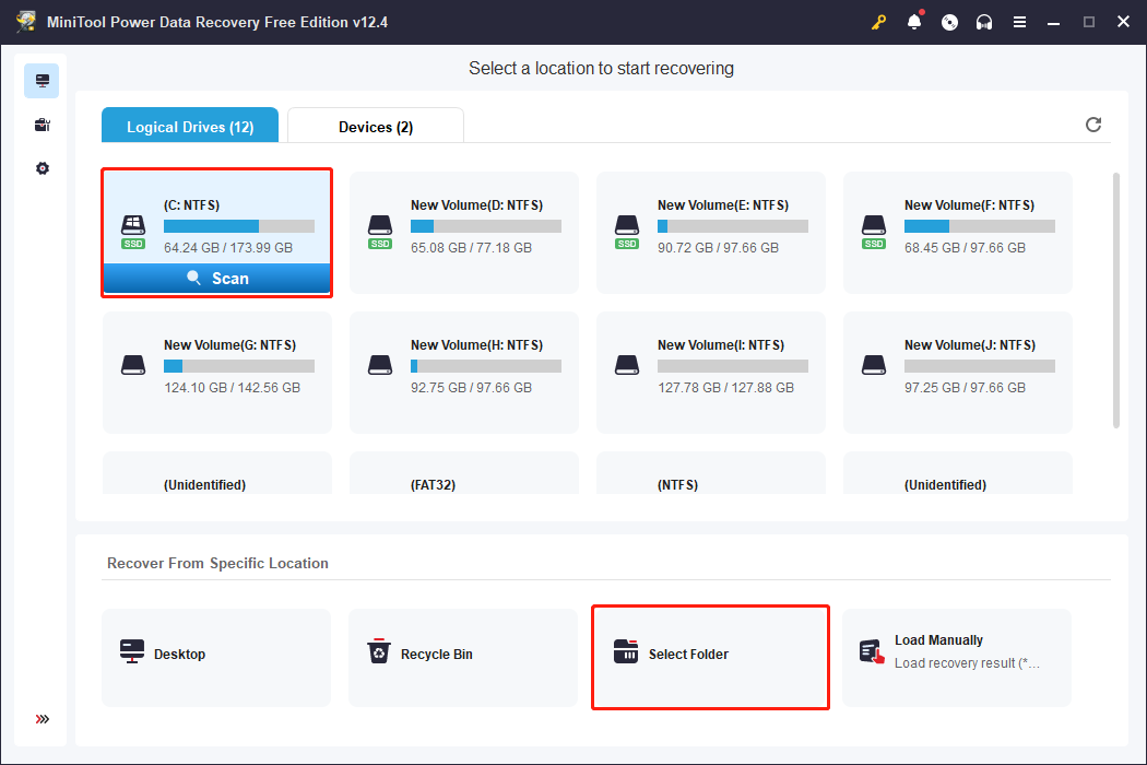 scan the target partition or a specific folder using MiniTool Power Data Recovery
