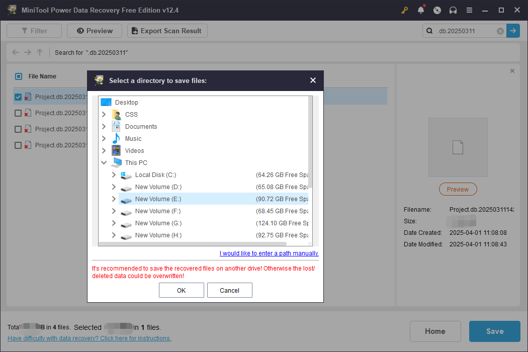 save the Davinci Resolve project to a new destination using MiniTool Power Data Recovery