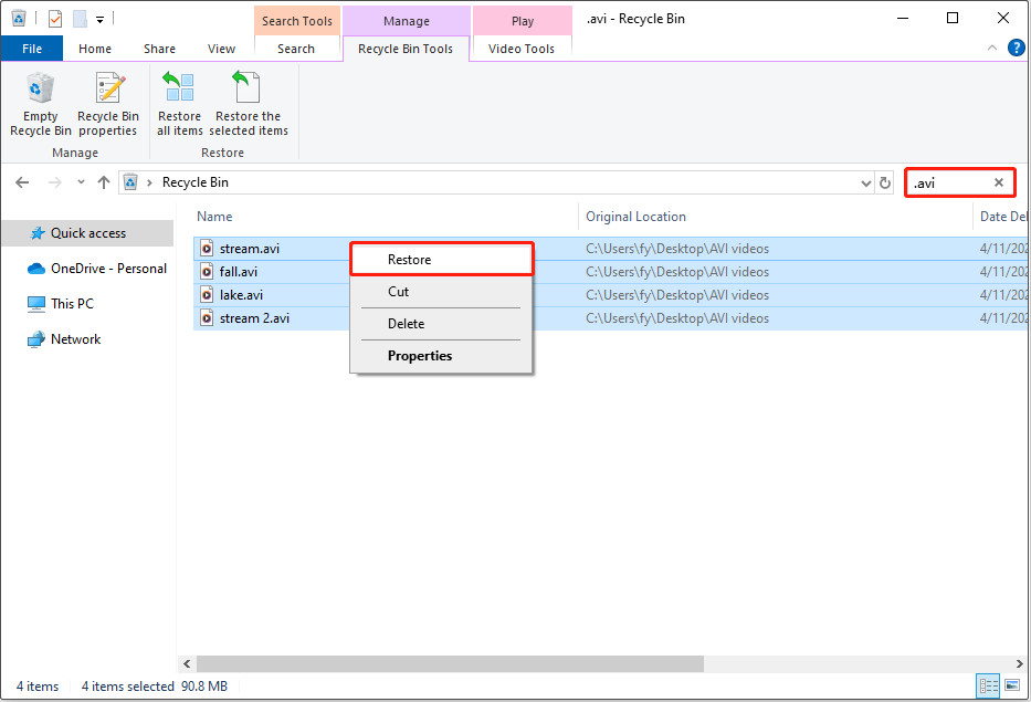 recover deleted AVI video files from the Recycle Bin