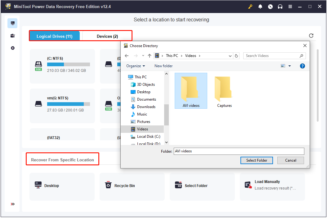 select the AVI videos folder to scan for lost video files in MiniTool Power Data Recovery