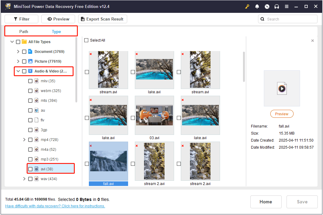AVI video files are listed under the Audio & Video category in the Type tab of MiniTool Power Data Recovery
