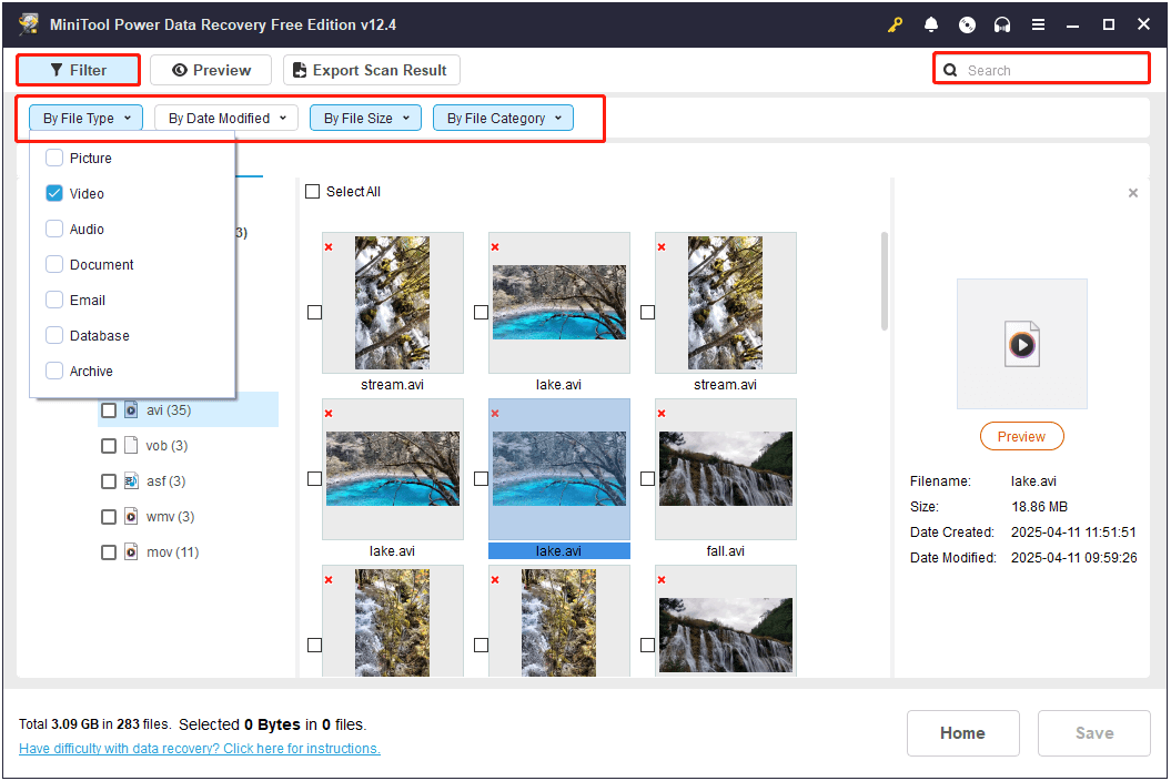 use the Filter and Search features to narrow down the file results in MiniTool Power Data Recovery
