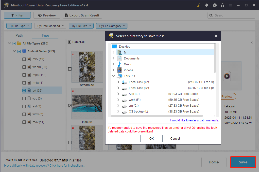 save the recovered video files to a safe folder in MiniTool Power Data Recovery