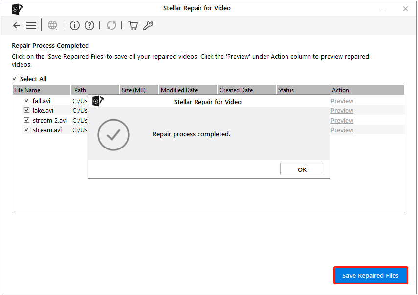 save the repaired video files in Stellar Repair for Video