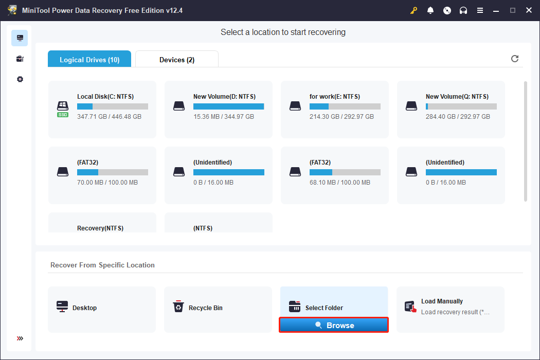 use MiniTool Power Data Recovery to scan for data