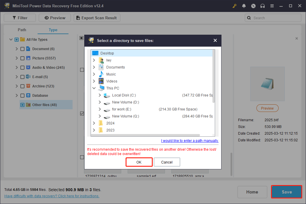 save BKF files in MiniTool Power Data Recovery