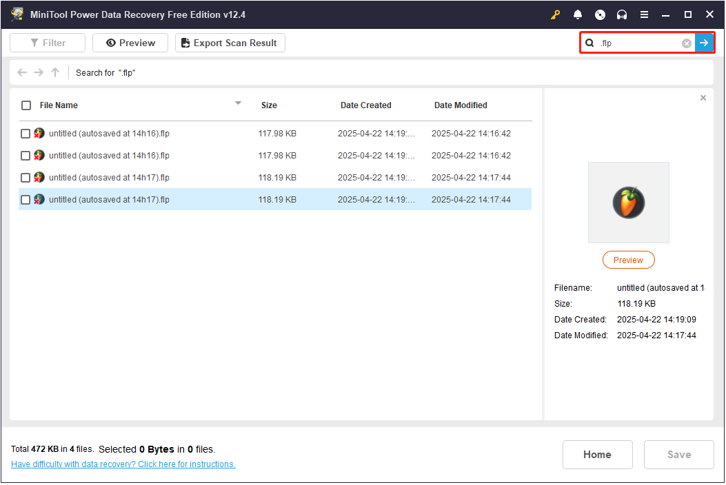 all found flp files are displayed on the search results window in MiniTool Power Data Recovery