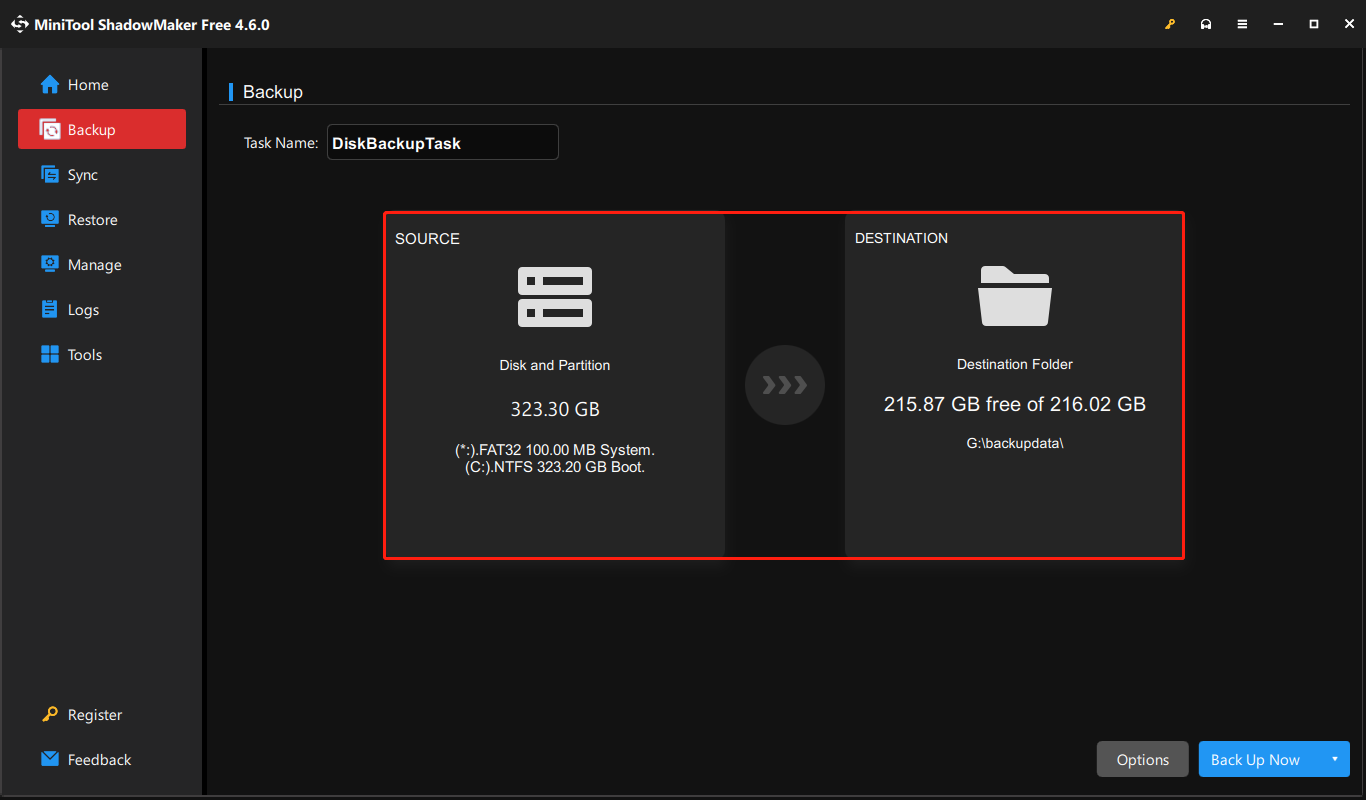 select the files you intend to back up and the destination for the backup files in MiniTool ShadowMaker