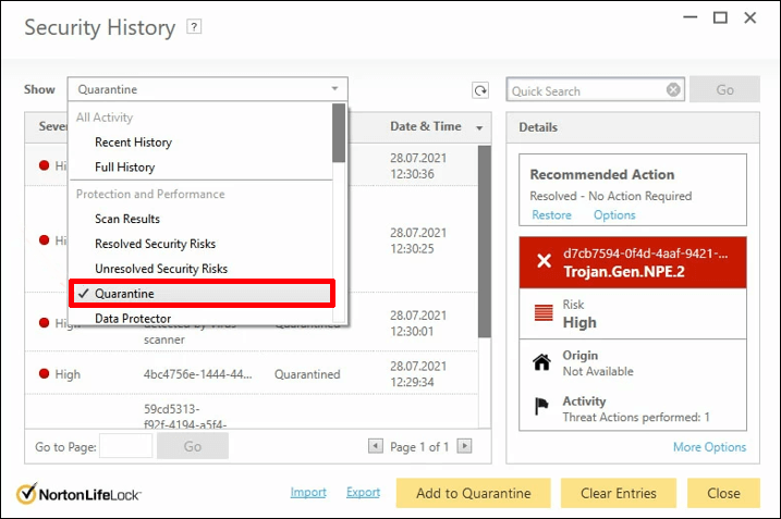select Quarantine from the drop-down menu